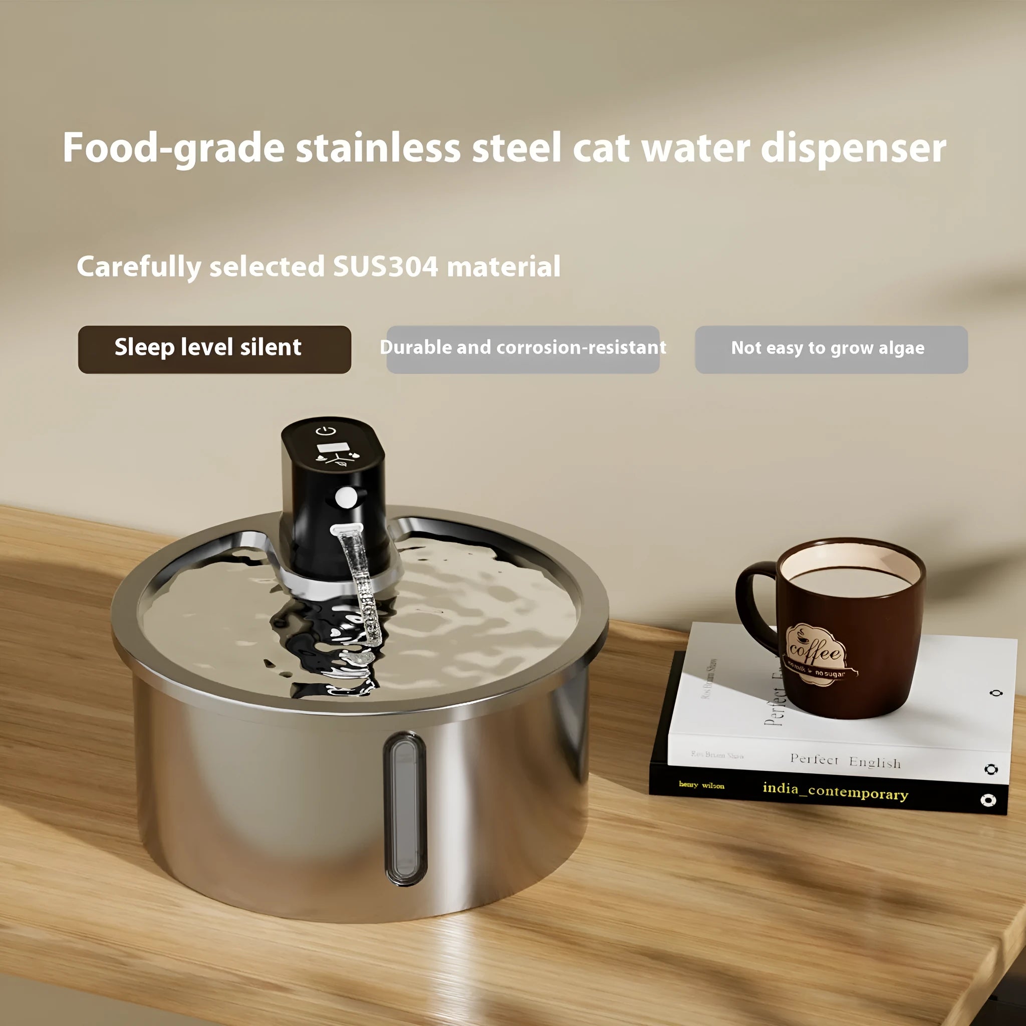 White stainless steel heated pet water fountain for cats and dogs on a countertop.