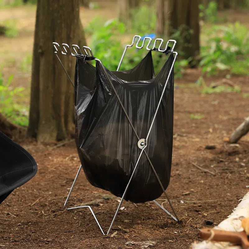 Stainless steel camping garbage bag bracket with folding design in black or silver colour