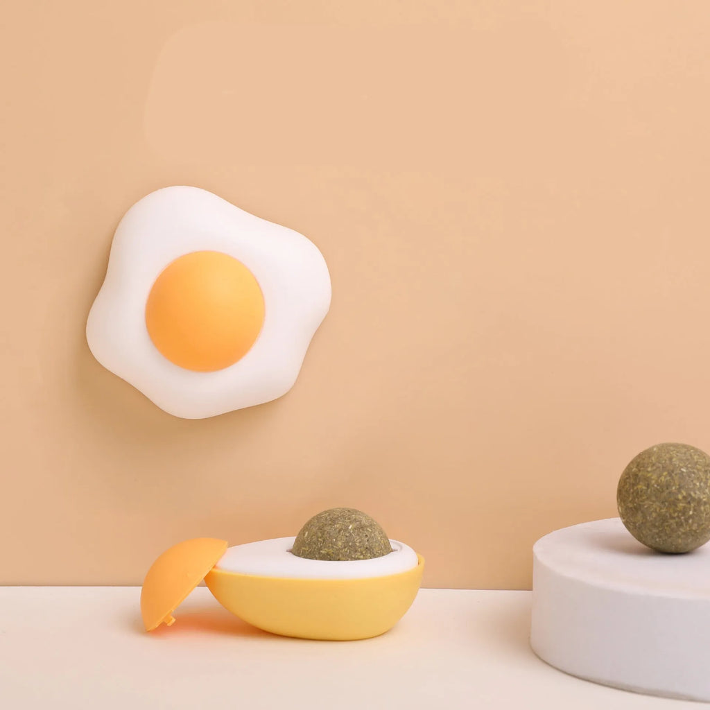Catnip ball toy with suction cup attached to wall, showing Fried egg and Poached egg shape options