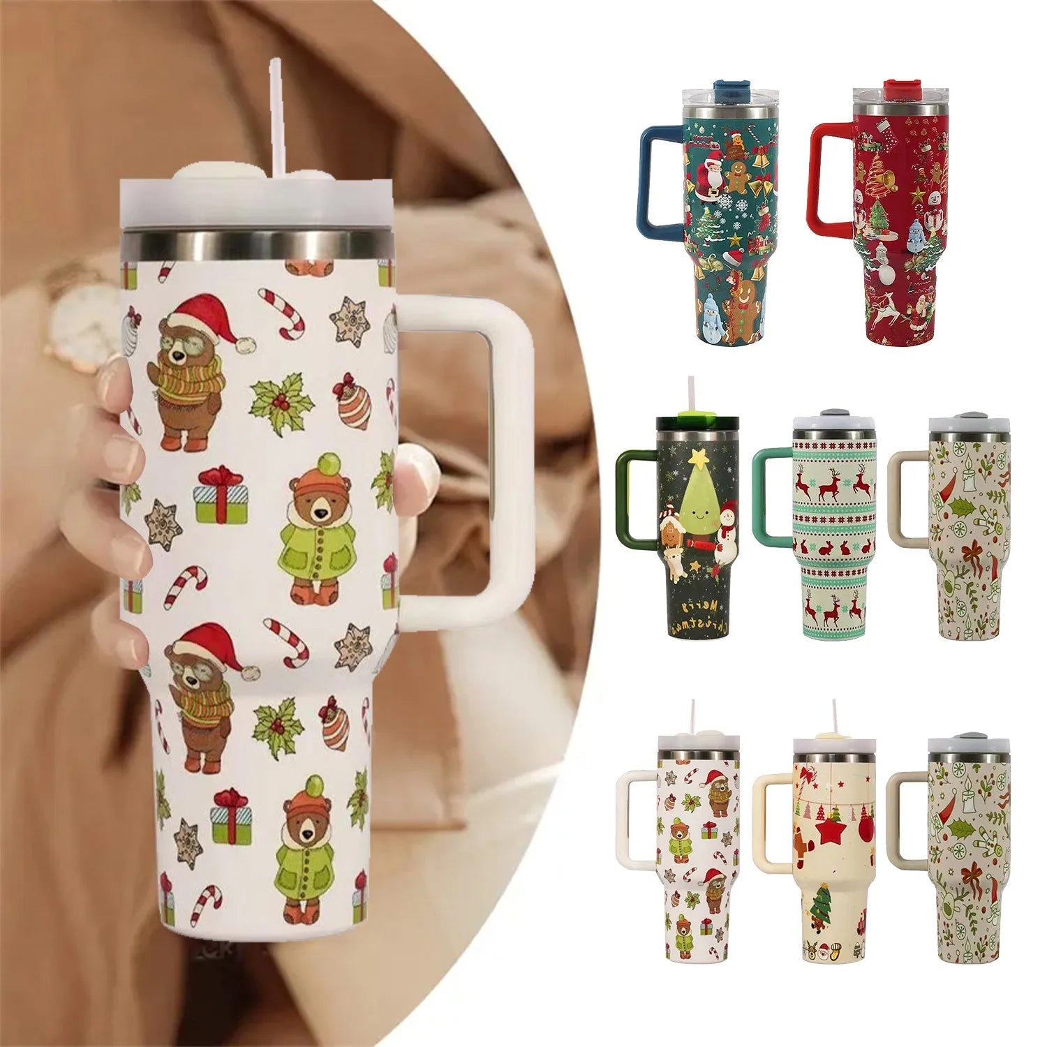 Christmas pattern stainless steel travel tumbler with handle and straw, 1200ml capacity