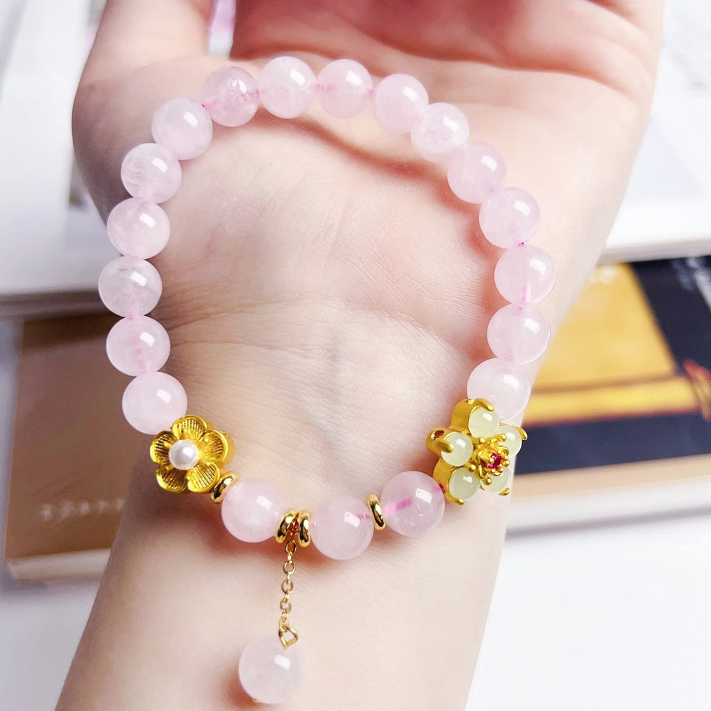 NAFU pink crystal peach blossom bracelet for women, handmade Chinese-style jewellery