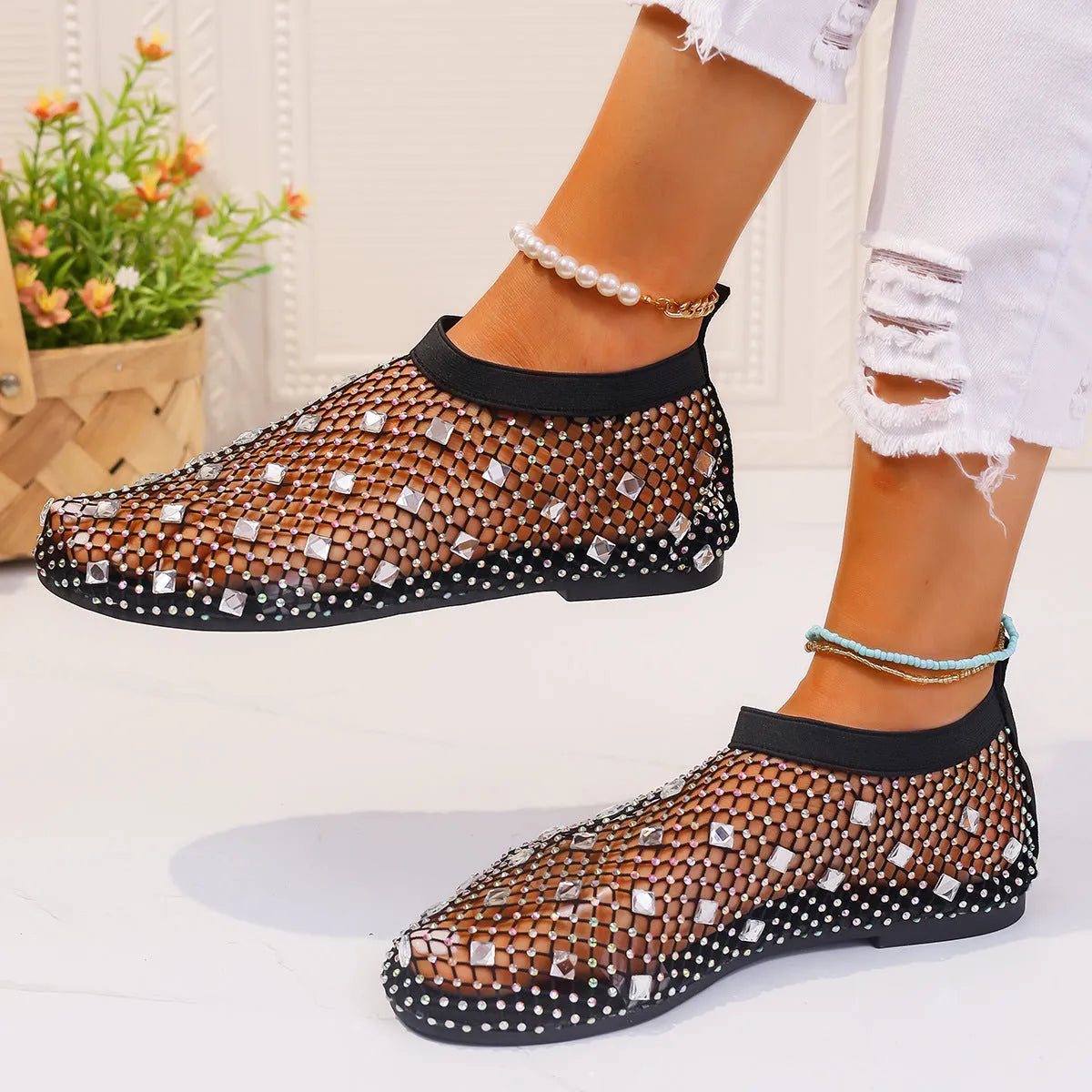 Women's mesh flat sandals with colourful rhinestone design and rubber soles