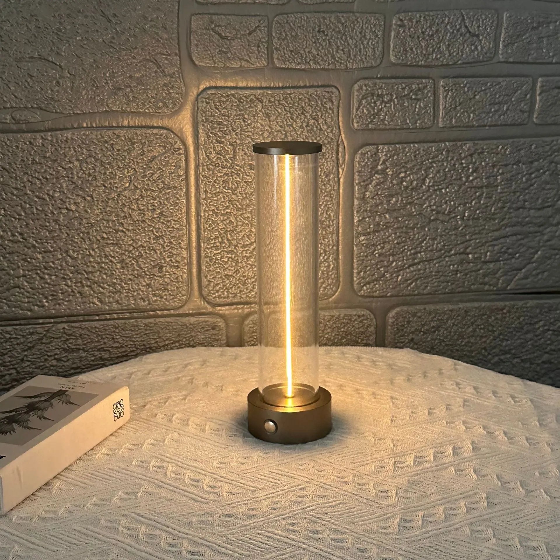 Slender vertical glass LED night light strip with magnetic back for USB charging