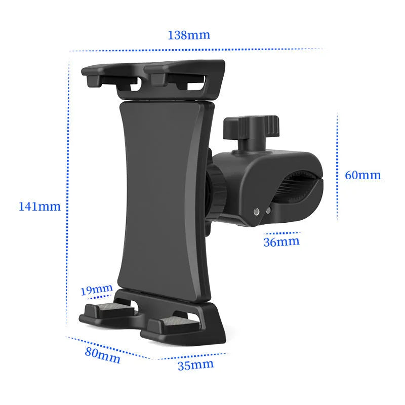 Black ABS plastic bicycle handlebar mount holding a mobile phone and a tablet computer.