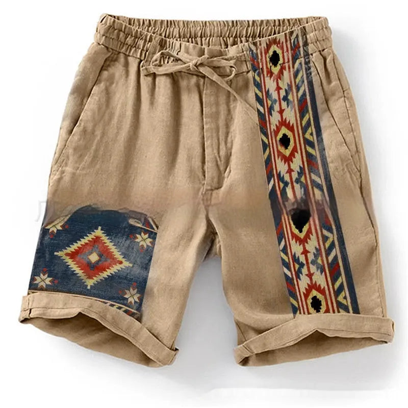 Men's blue casual shorts with digital colour block pattern and lace-up waist detail