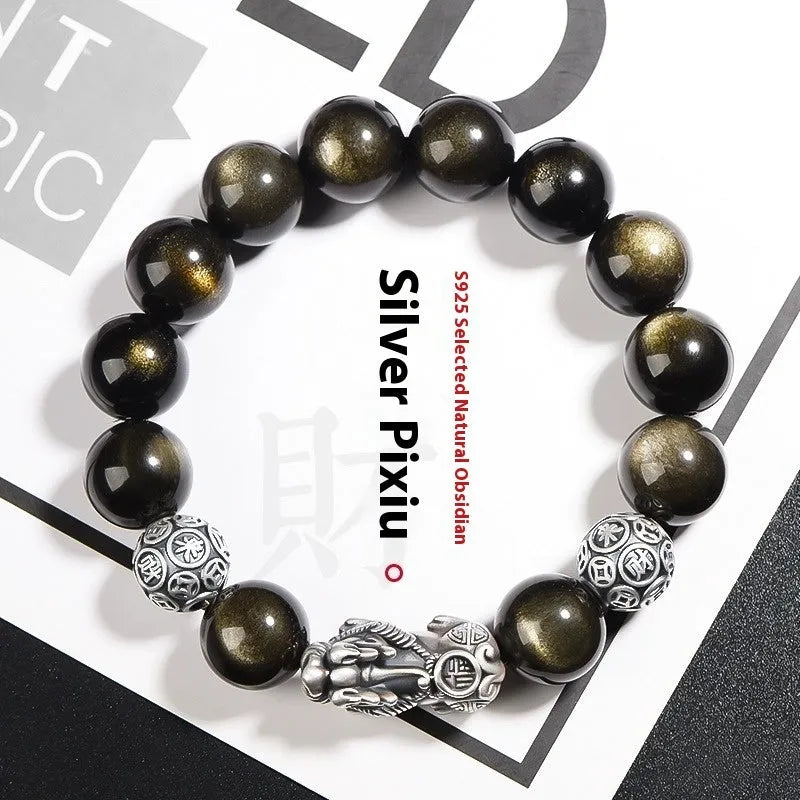 Natural obsidian bracelet in 999 sterling silver with geometric design and leather show finish