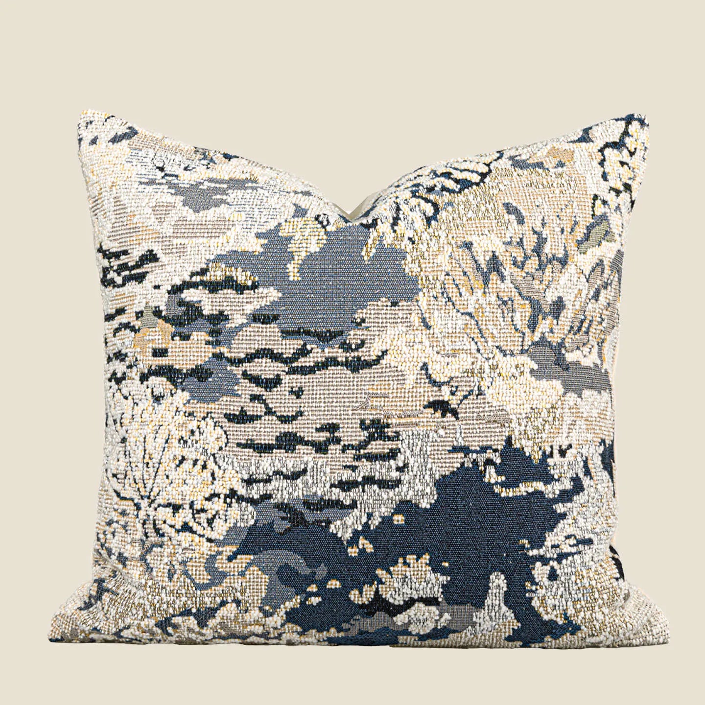 Chinese style decorative pillow cover with blue antique French floral pattern on wool blend fabric.