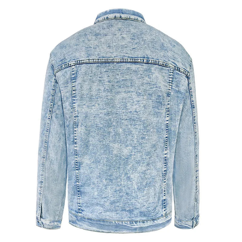 Men's slim fit blue denim shirt jacket with polo collar and size stick pocket on chest