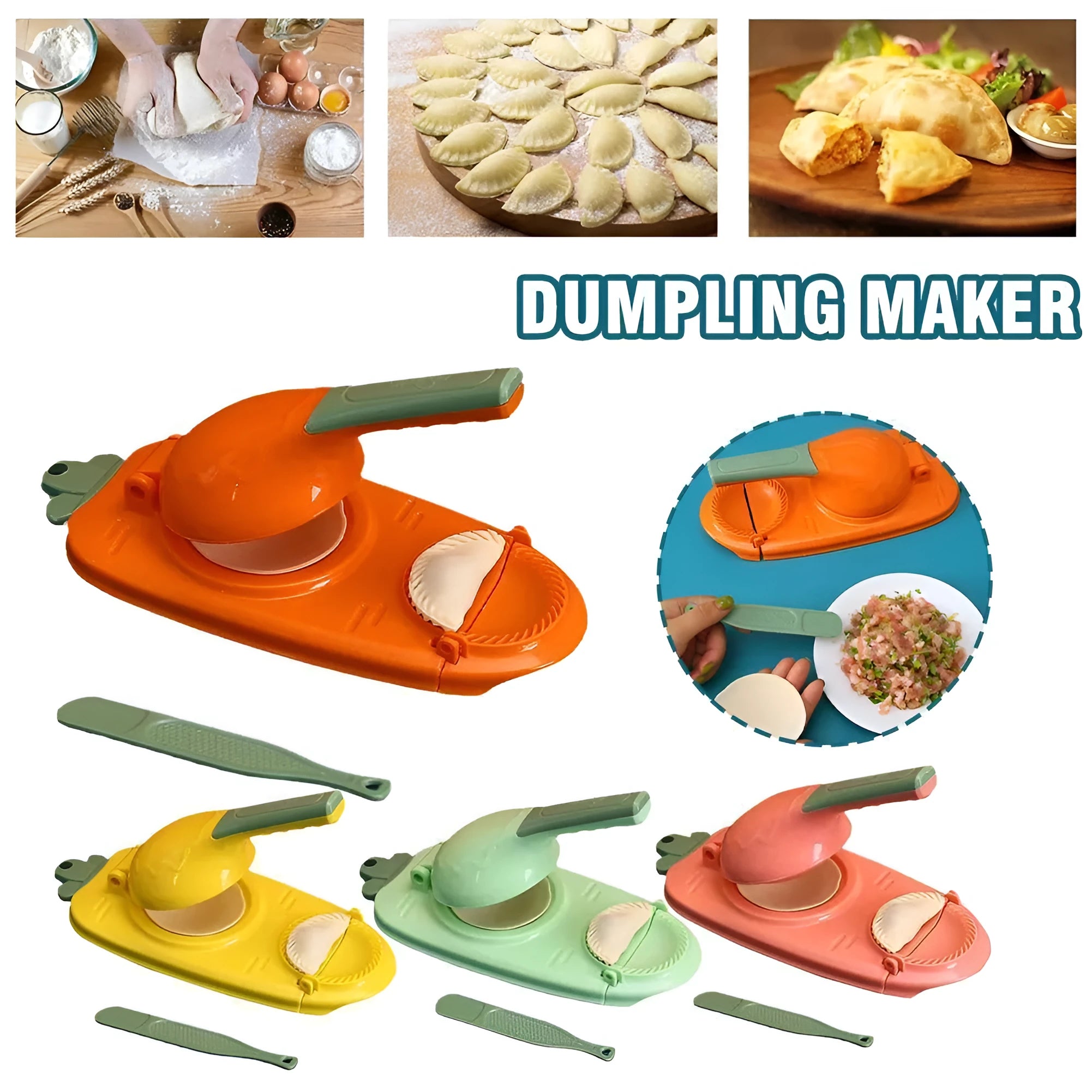 Orange and white plastic manual dumpling press tool with ergonomic handle on a kitchen worktop.