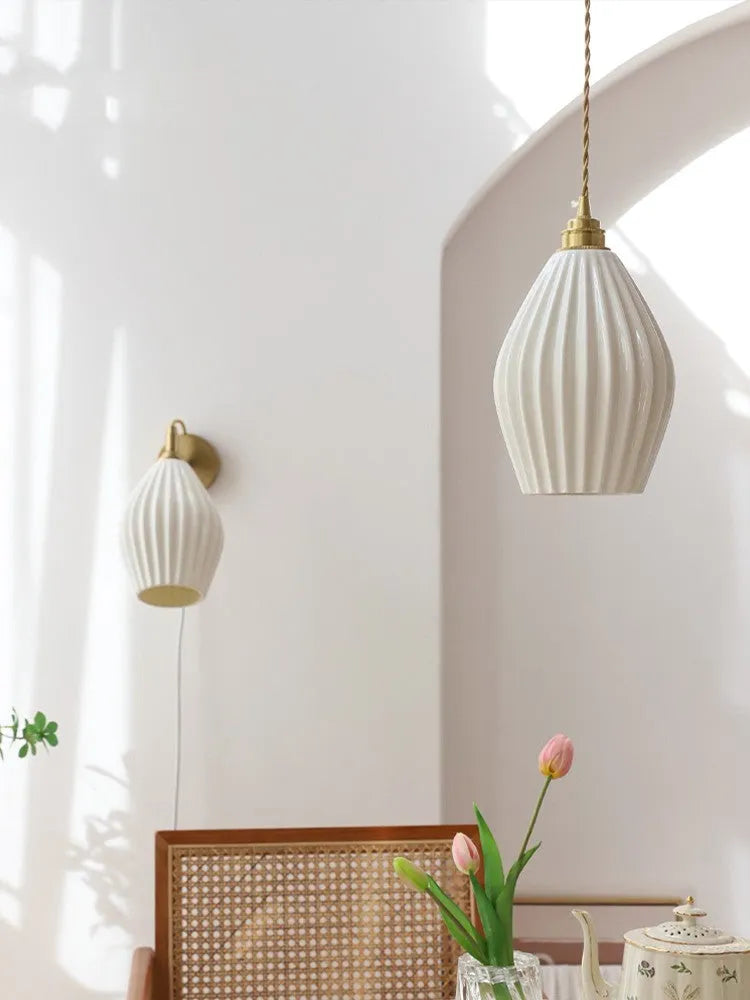 Copper chandelier with ceramic lampshade on ceiling, pure white small shade option