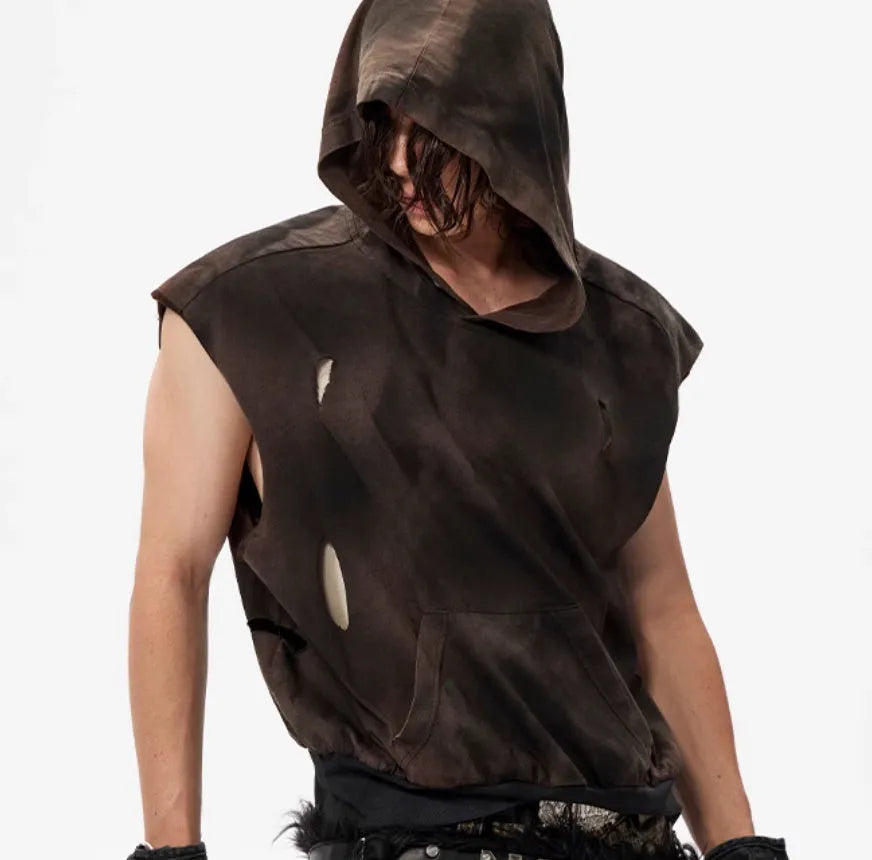 Men's khaki cotton short hood vest with short sleeves on mannequin