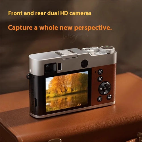Black or brown 5K HD digital camera with dual lenses and an optical viewfinder on a 2.88-inch screen.