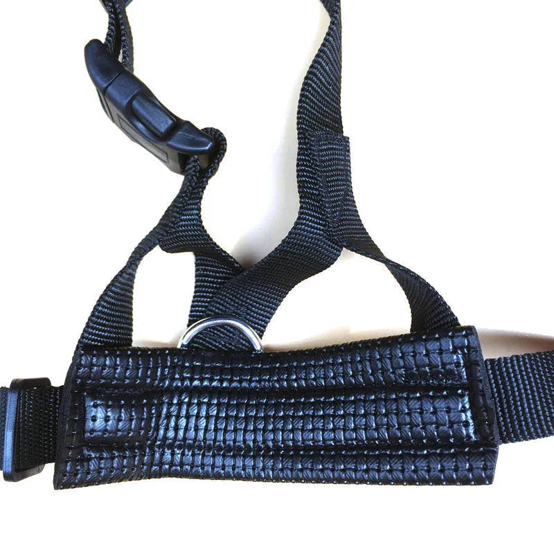 Nylon dog mouth cover with leather trim in black, showing adjustable buckle and breathable holes