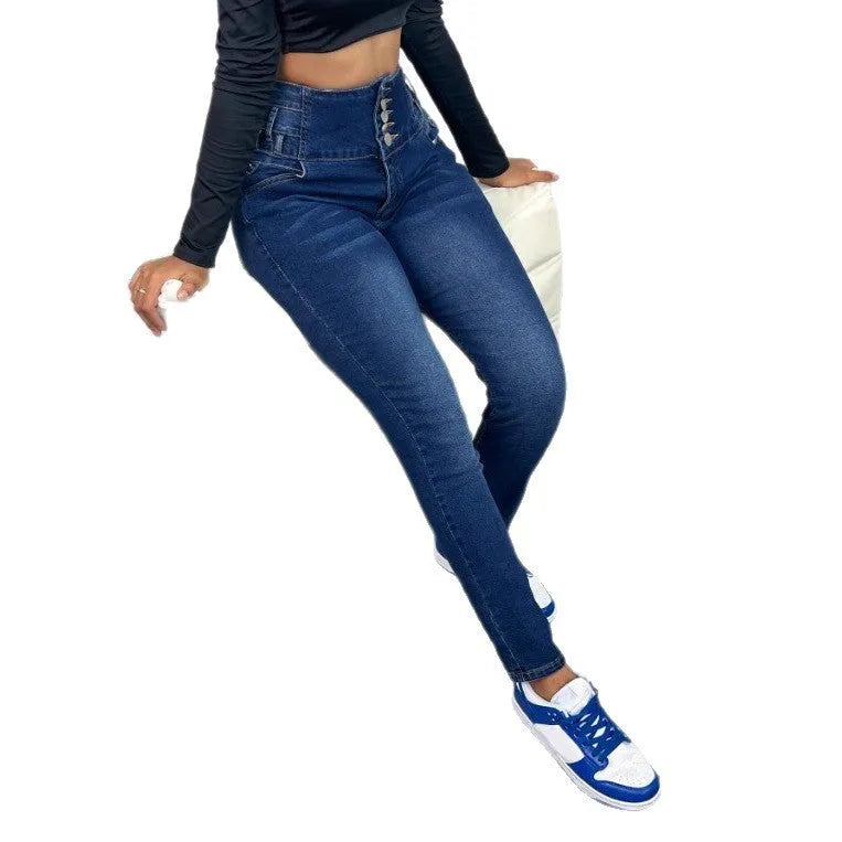 Dark blue women's straight-leg denim jeans with button fly and breast pockets