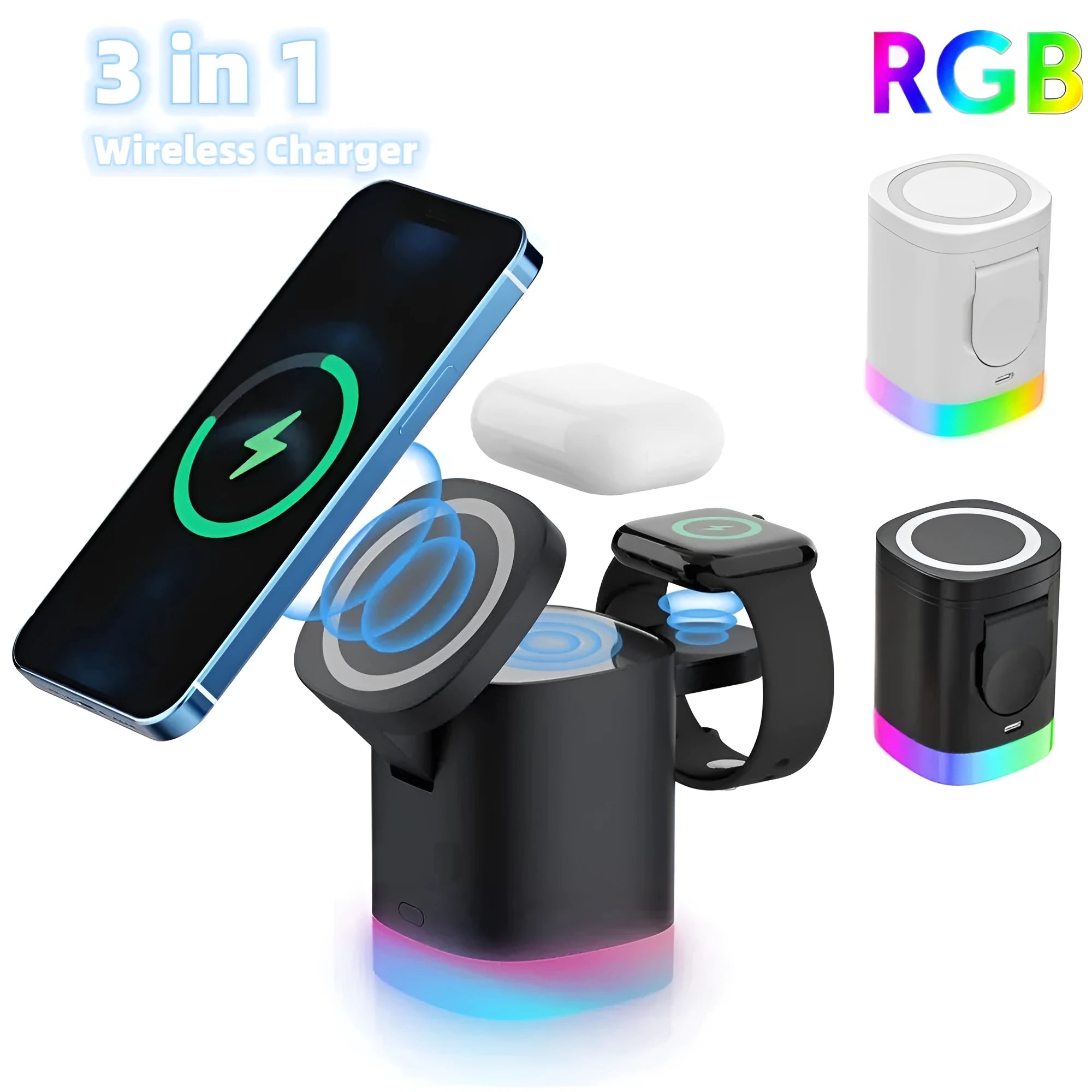 Black foldable 3-in-1 magnetic wireless charging station cube for iPhone, Apple Watch and AirPods