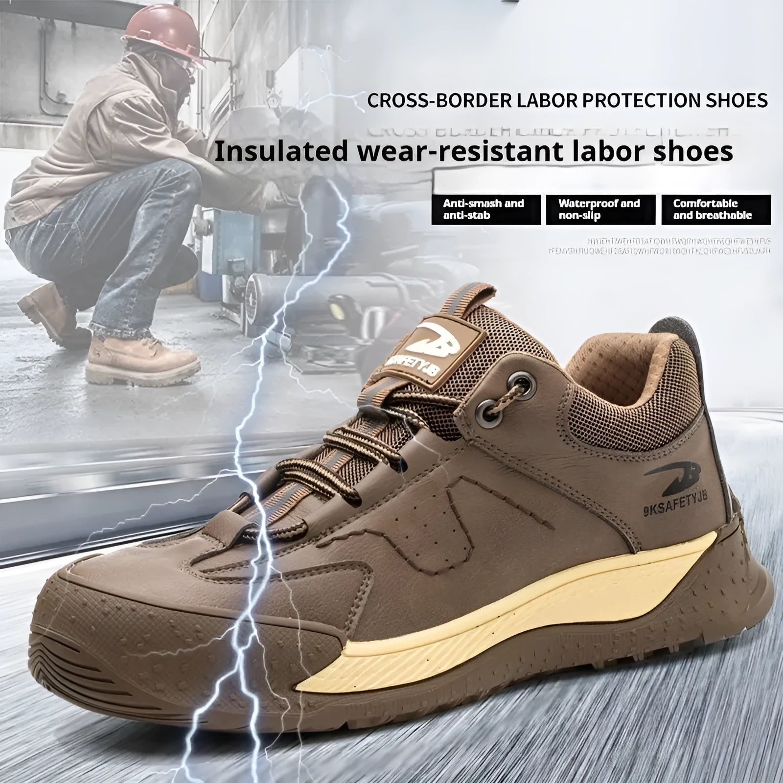 Men's black leather work safety shoes with a rubber sole and Flyknit-style upper on a work site background.