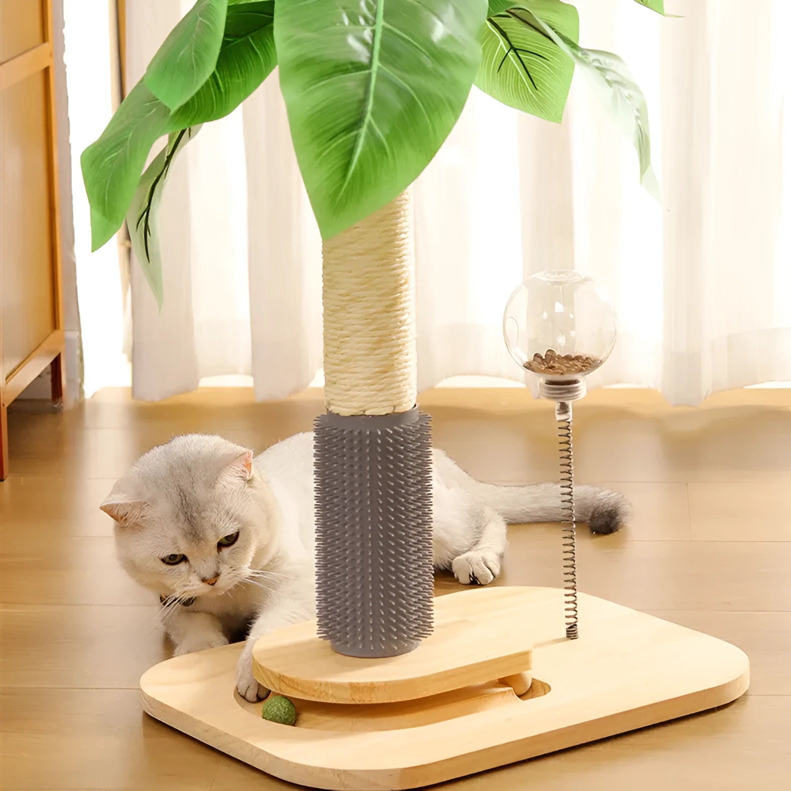 Vertical wooden cat scratching post in canna colour with an integrated food drop ball.