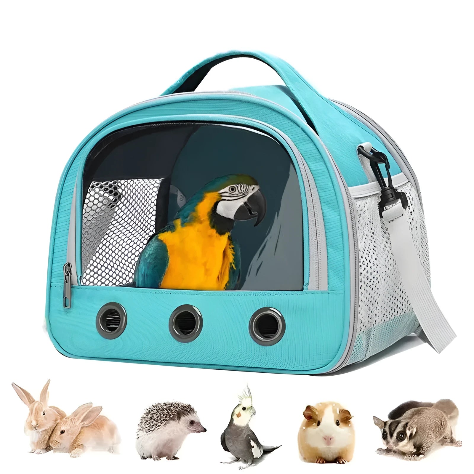Portable foldable bird bag for small pets in green with one-shoulder strap