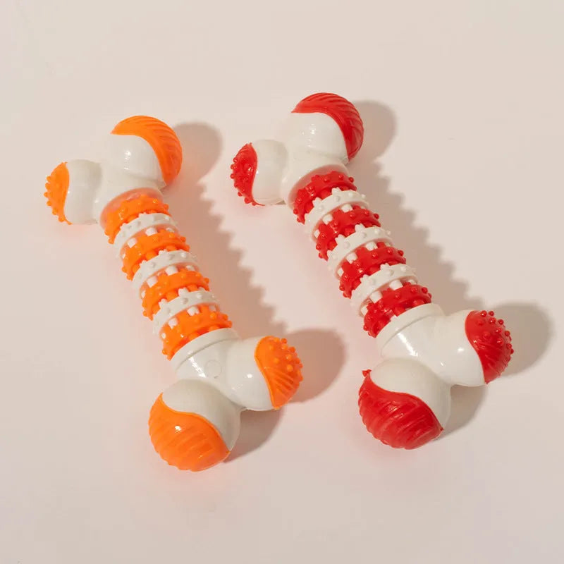 Blue bone-shaped rubber dog chew toy with a treat holder pocket in the centre for small dogs.