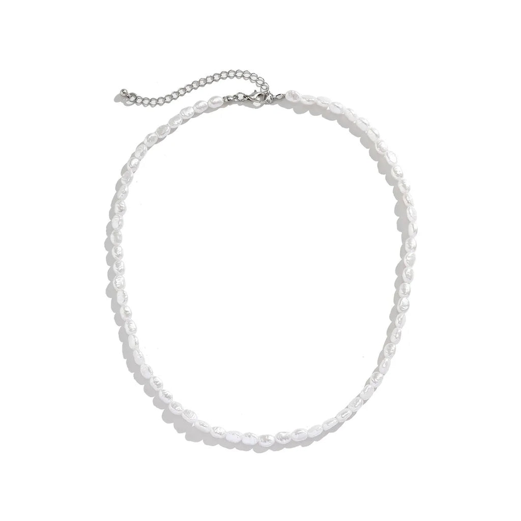 Men's white U-shaped Mother Pearl necklace on imitation pearl chain, adjustable 41-50cm length.