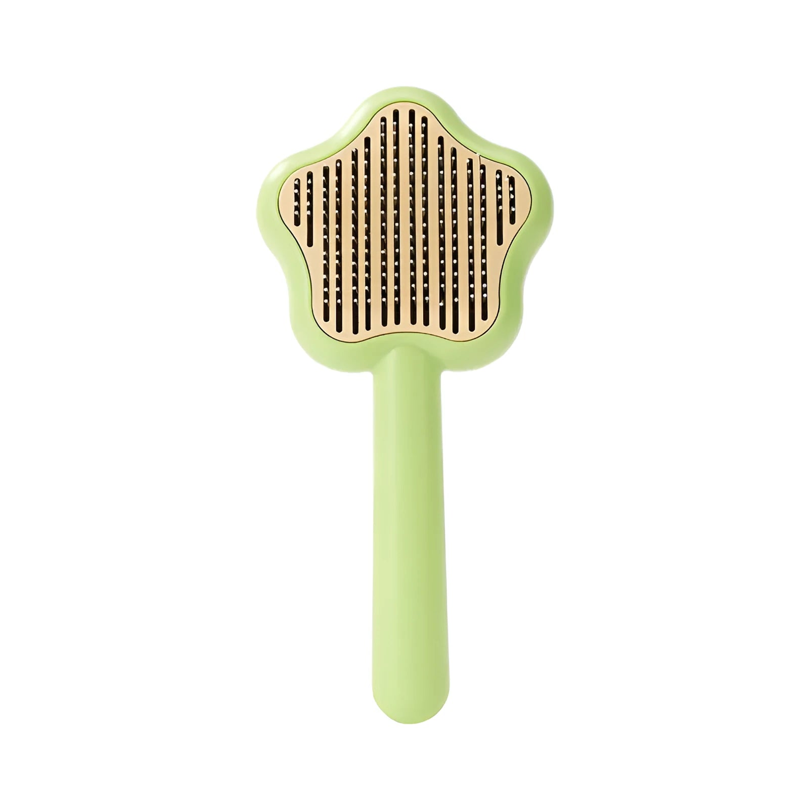 Green or yellow handheld self-cleaning magic wand pet comb with stainless steel needles.
