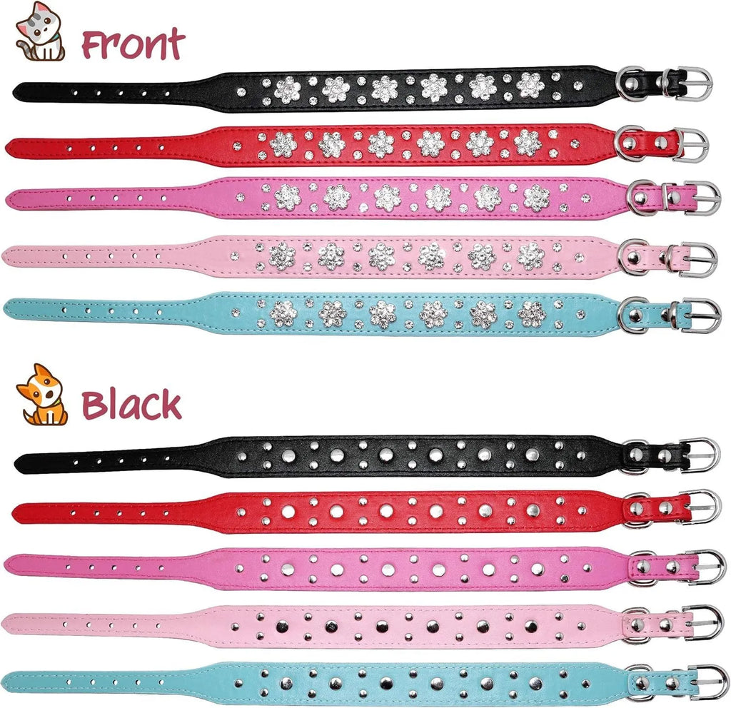 Close-up of a decorative black dog collar with sparkling rhinestone flowers and studs on PU leather.