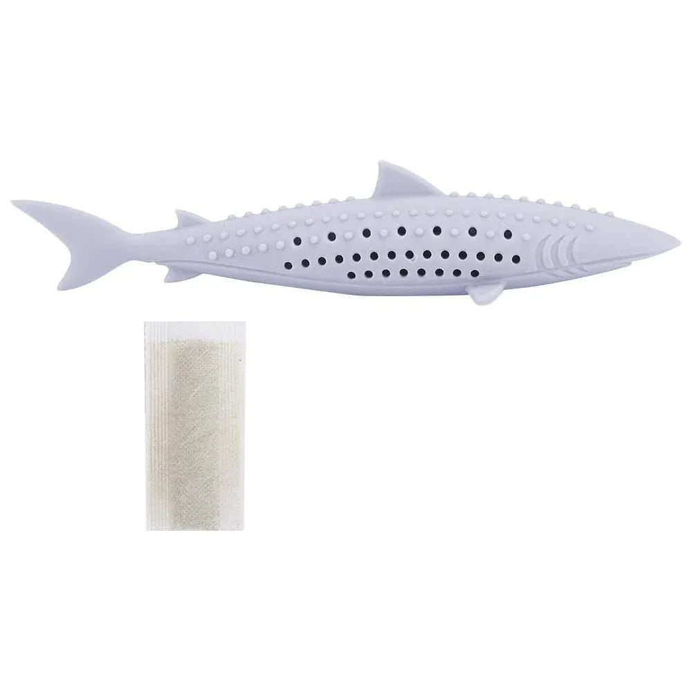 Green silicone fish-shaped chew toy for cats on a white background, showing breathable side holes.