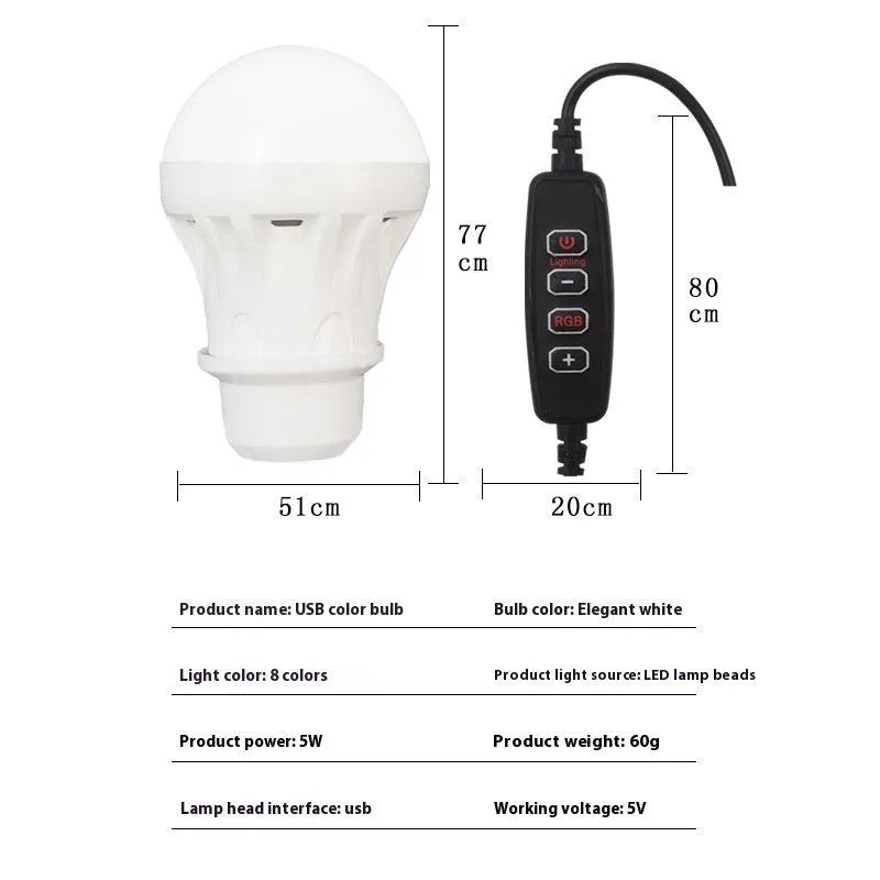 USB-powered RGB magic colour bulb with a long white control cable and a small remote unit on a white background.