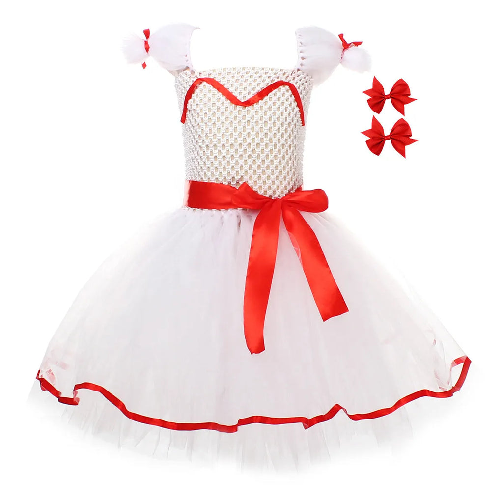 Children's Halloween Costume Dress Ghost Doll White Cosplay Skirt Princess Dress with Bow Hair Clips for Girls Ages 2-12 Years Nylon and Polyester Fabric Sizes S to XXL Solid Colour European and American Style