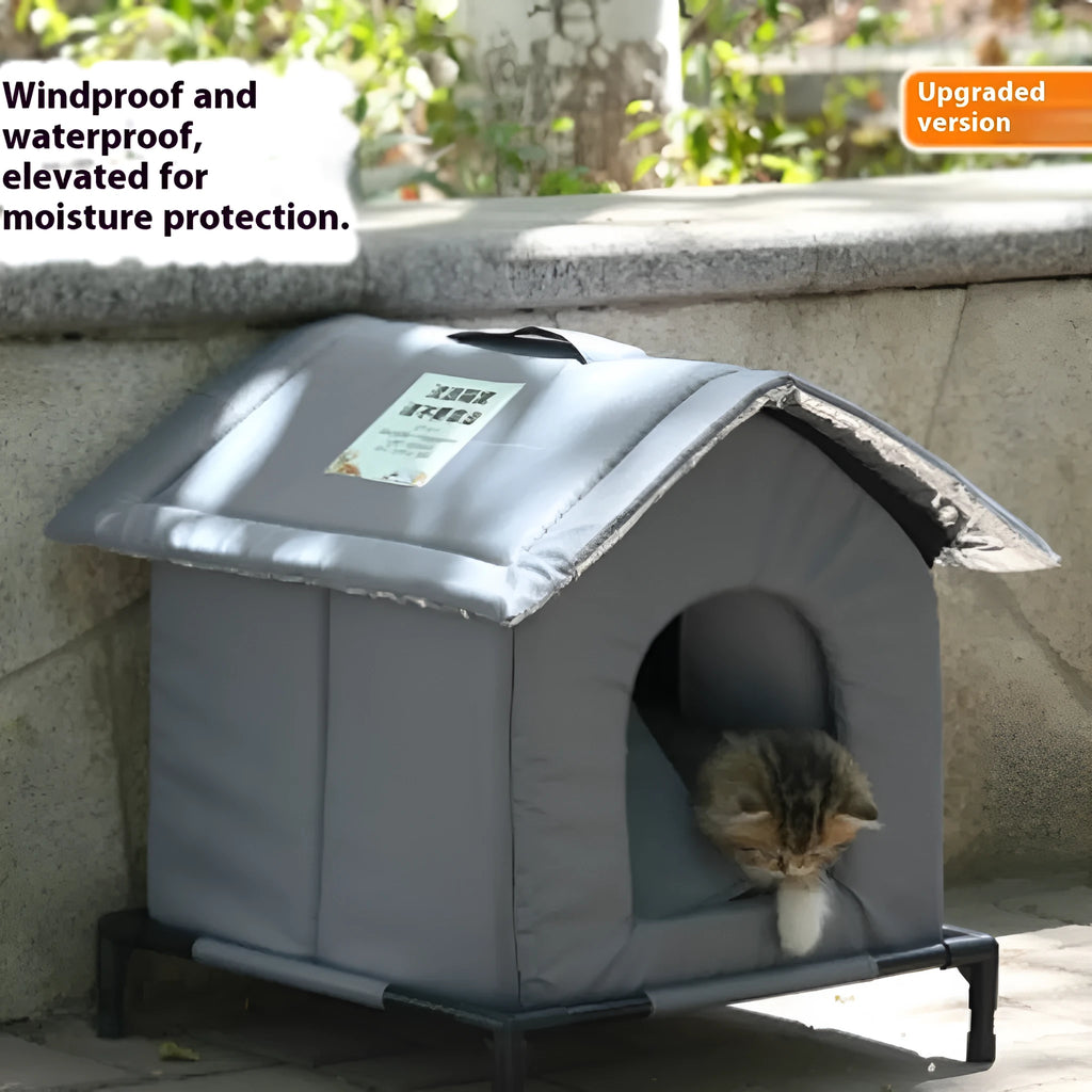 Gray waterproof cloth cat nest with upgraded hanging bracket for outdoor winter use, available in multiple sizes
