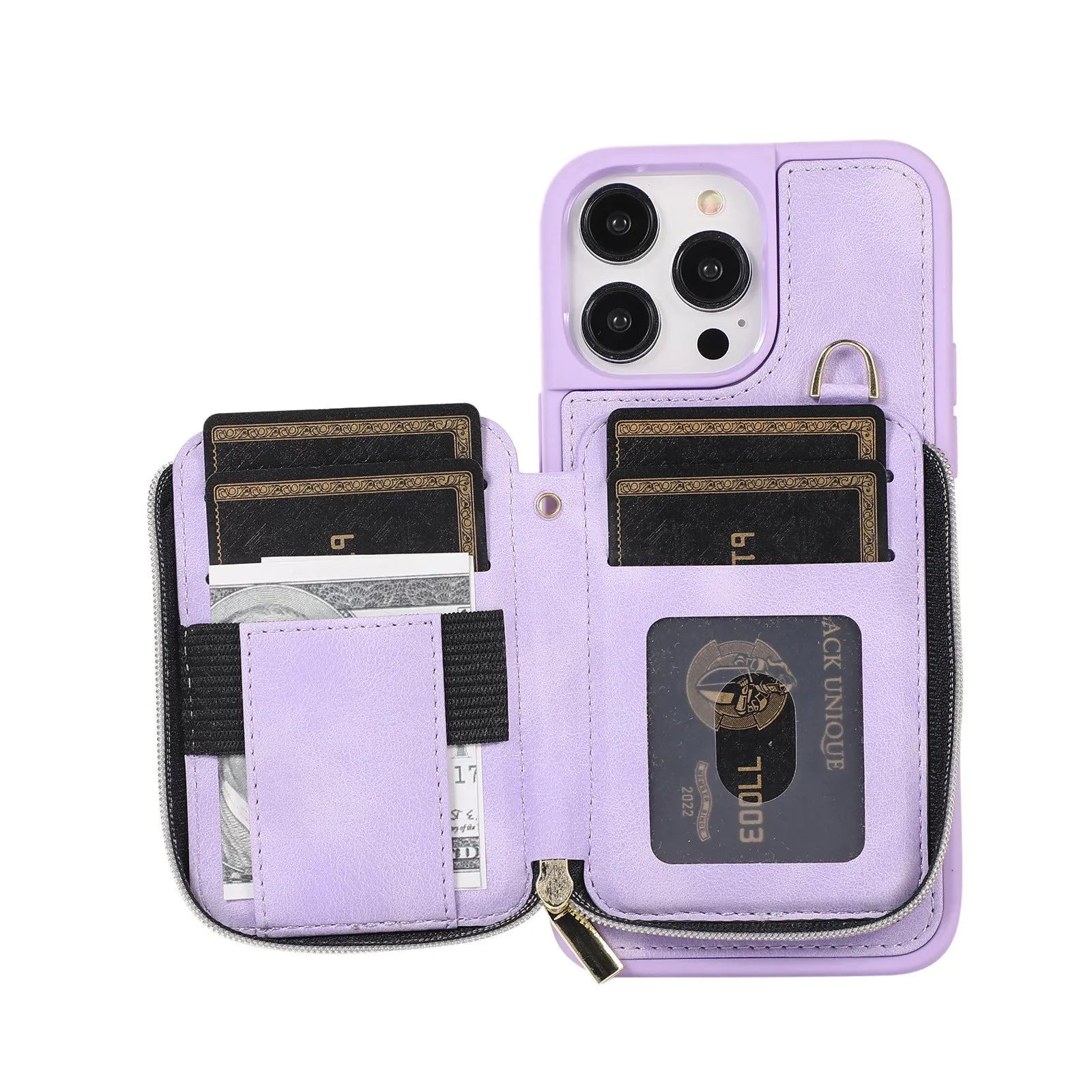 Creative leather wallet phone case with card holder and lanyard in brown for iPhone