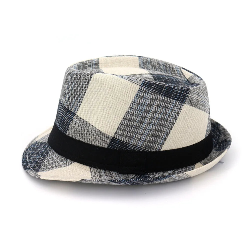 A blue and black unisex sun-proof straw hat with a bell crown for outdoor travel.