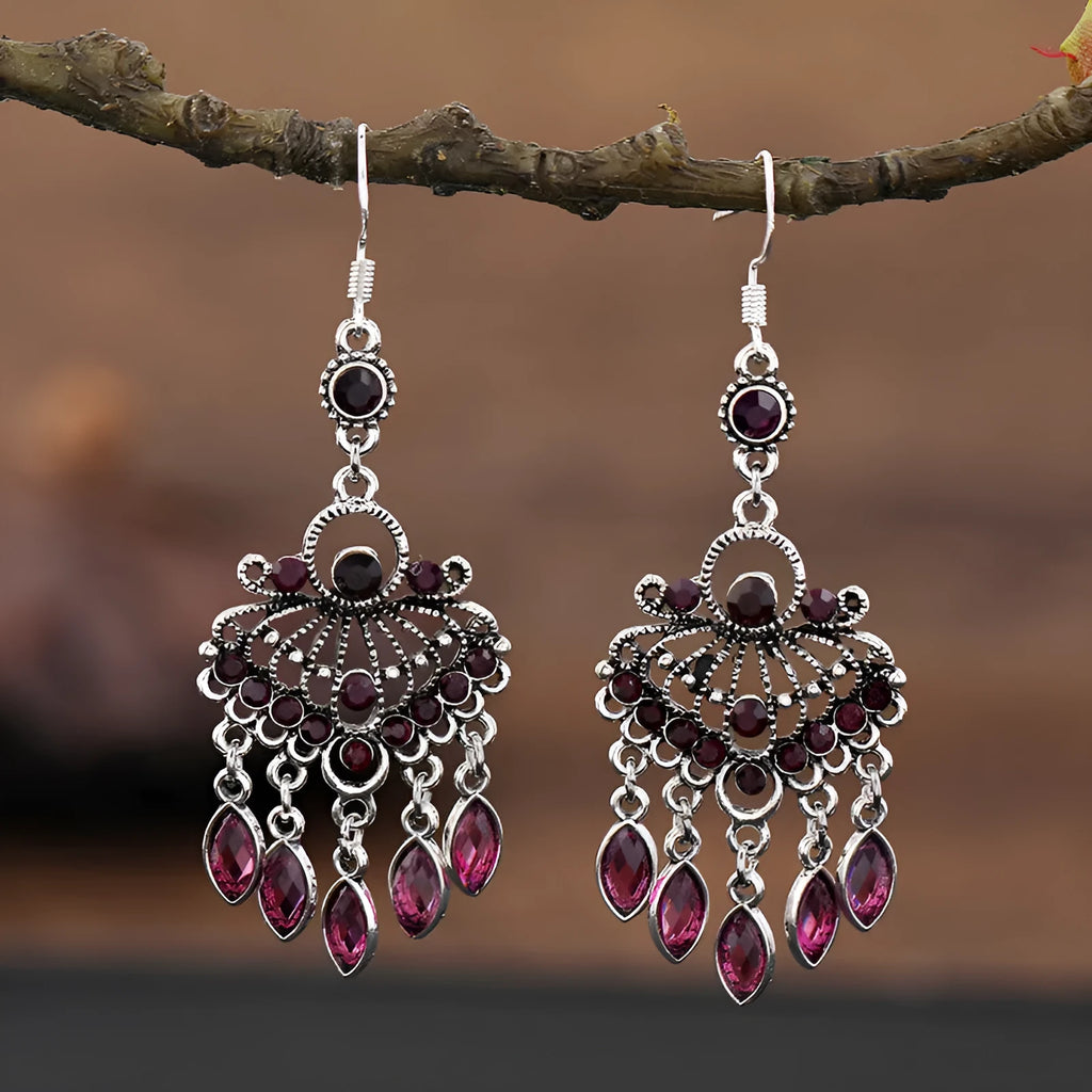 Retro long fringe earrings in smart water drop purple colour with drop shape and ethnic style design