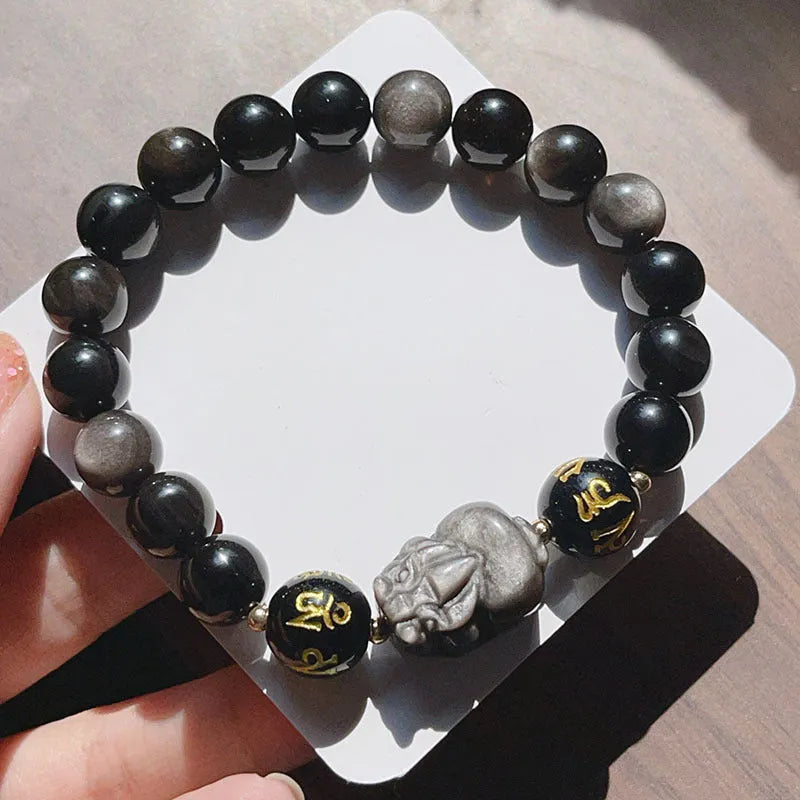 Silver Stone men's bracelet with Chinese zodiac symbols and beaded design in natural silver colour
