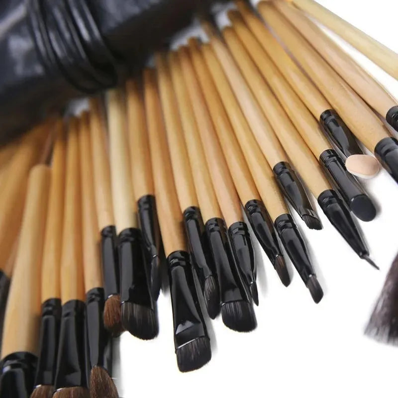 24-piece professional makeup brush set with wooden handles in a PU gift bag case