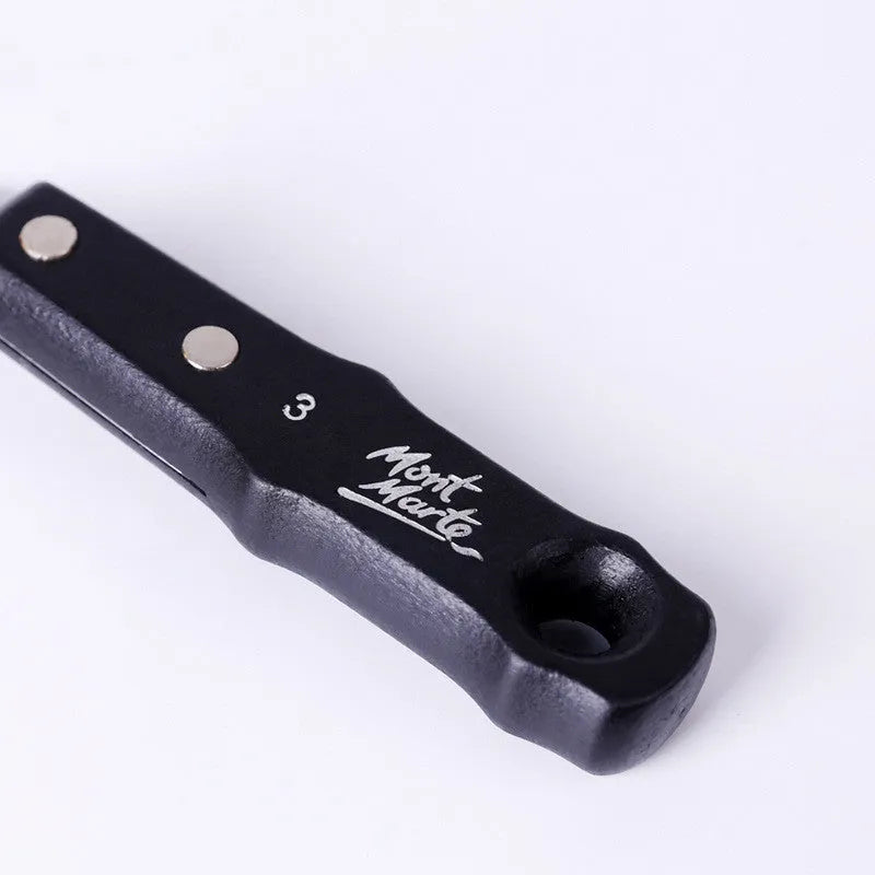 Three stainless steel palette knives for oil and acrylic painting with different blade sizes.