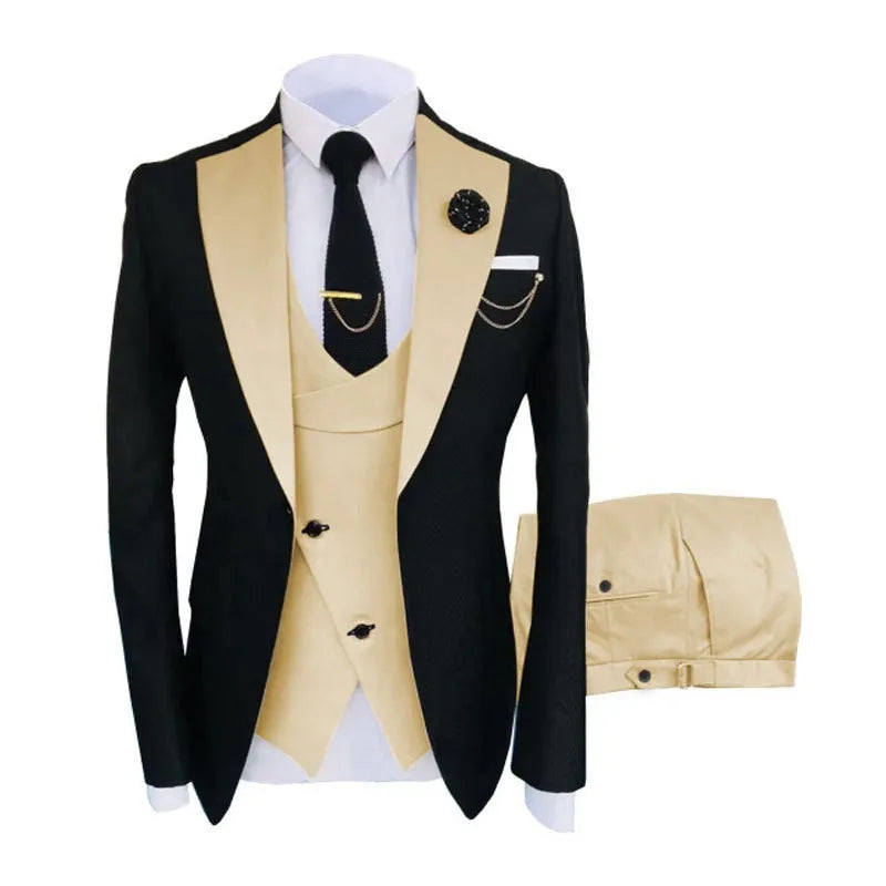 Men's slim fit three-piece business suit in cotton fabric with coat vest trousers