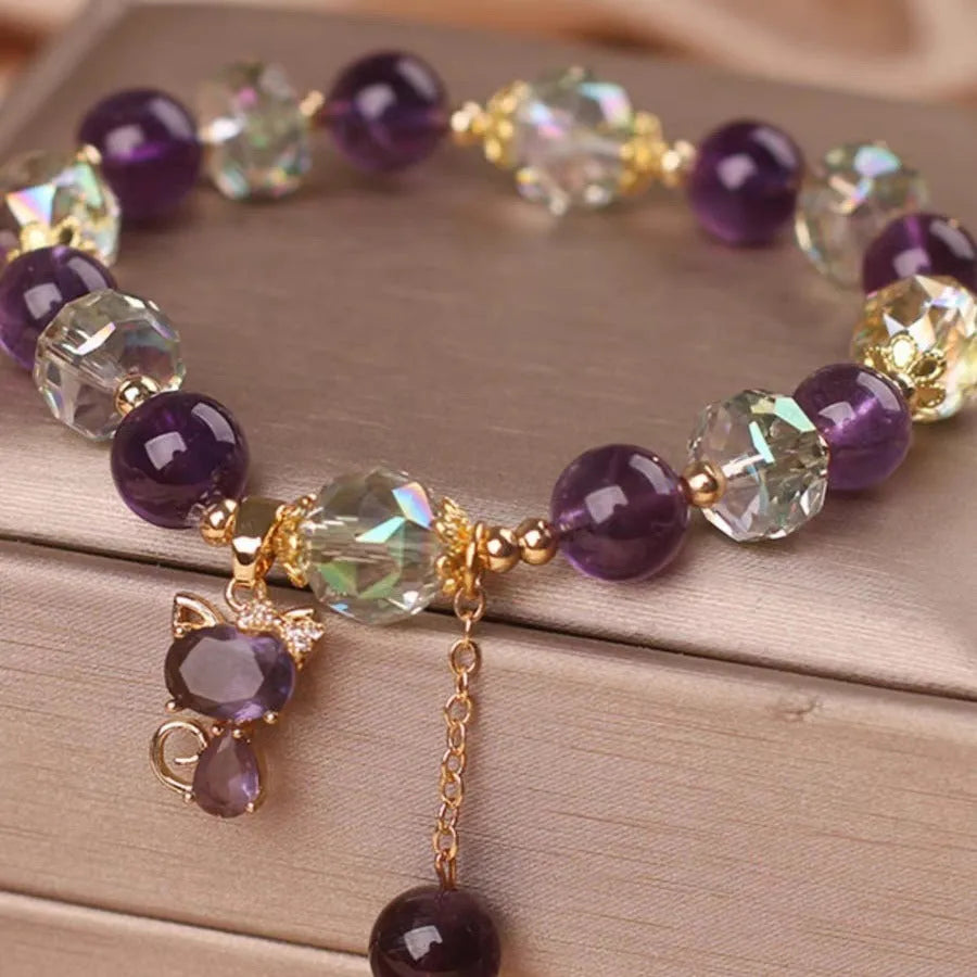 Natural purple amethyst fox pendant bracelet with a geometric antique style and a nine-tailed fox charm.