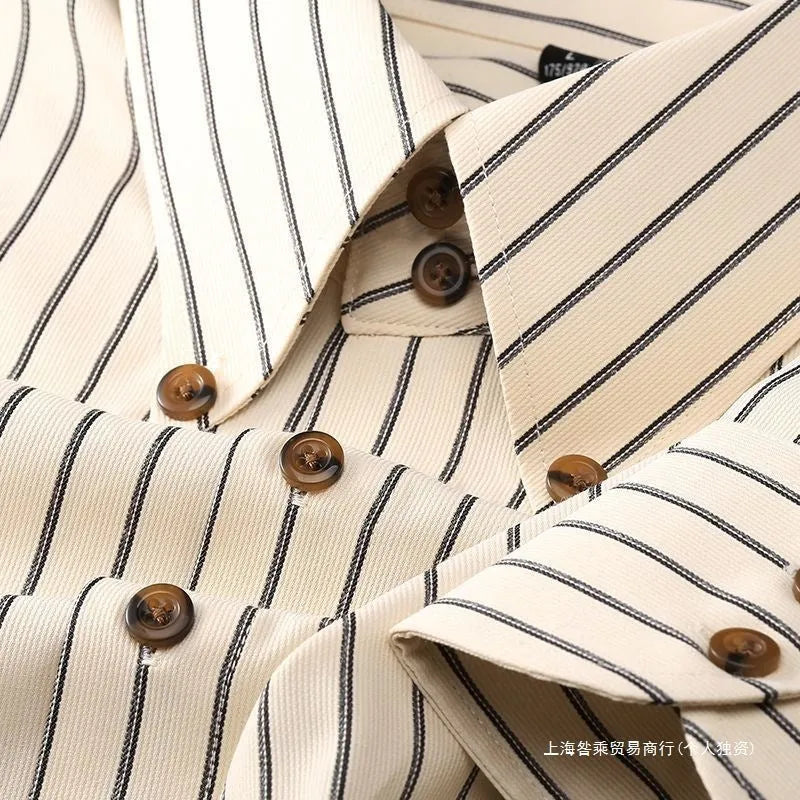 Coffee colour striped men's long-sleeved shirt with wool lining and slim fit