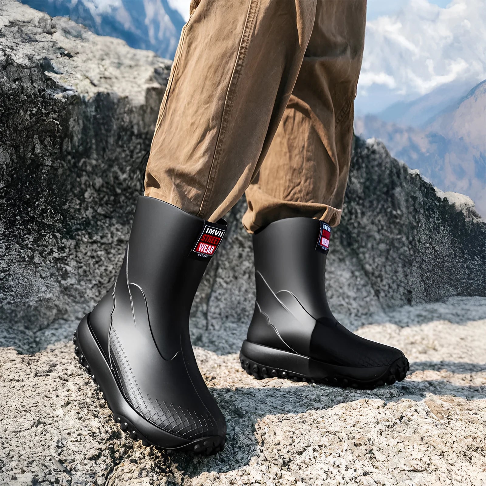 Men's PVC rain boots in black red colour with non-slip plastic soles and round toe design