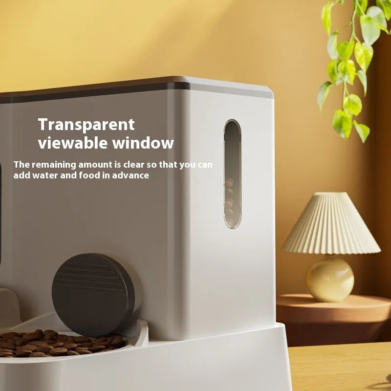 Automatic cat feeder with integrated water dispenser and double bowl system in grey colour