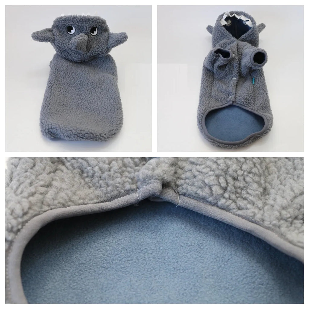 Grey shark fleece-lined hooded pet sweater for small dogs and cats, sizes XS to XL