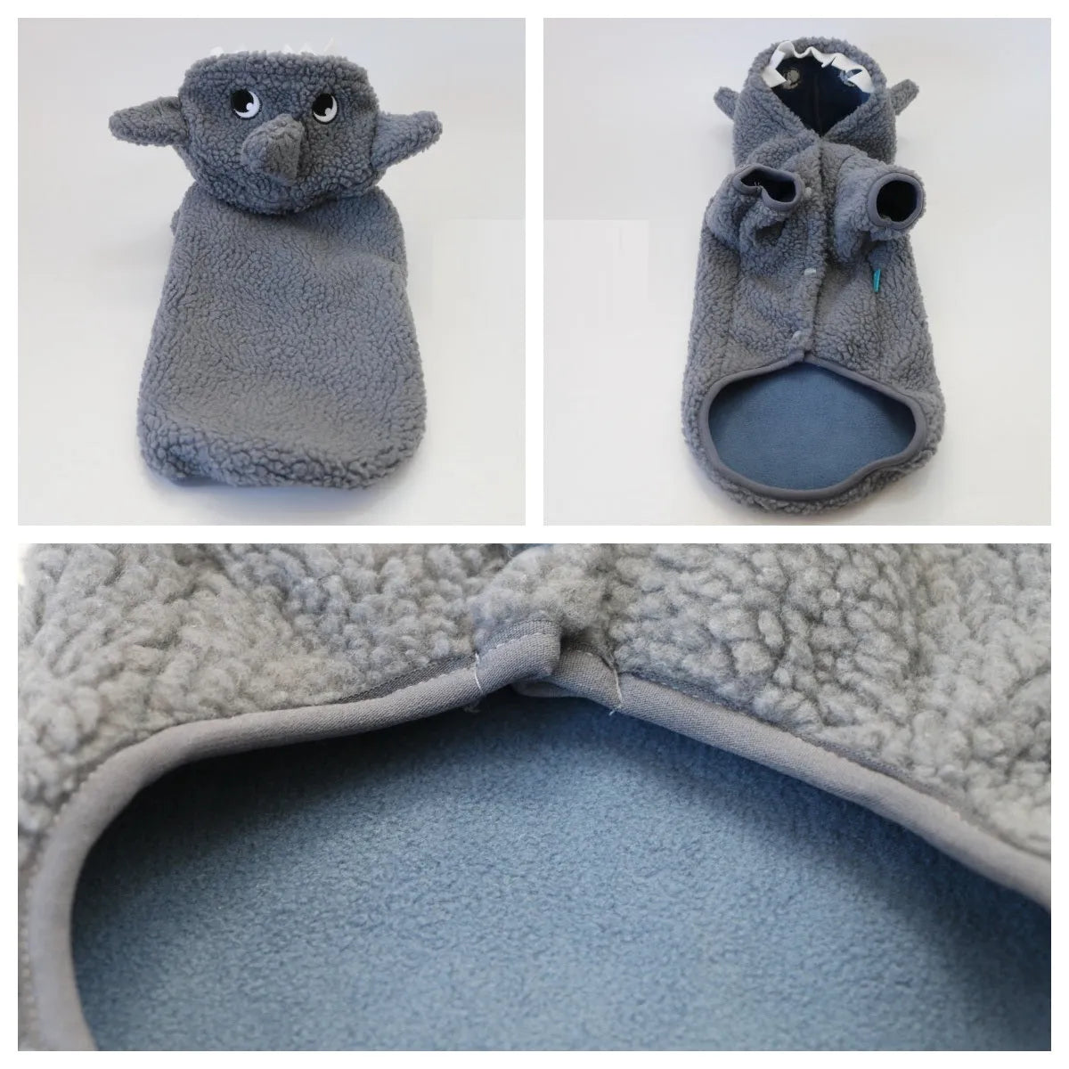 Grey shark fleece-lined hooded pet sweater for small dogs and cats, sizes XS to XL