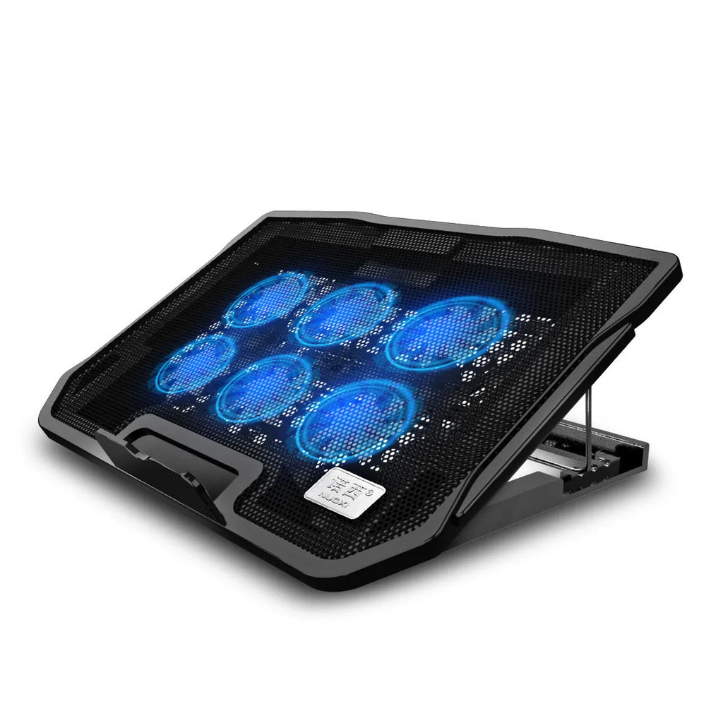 Black metal mesh notebook cooler with six ultra-quiet fans, adjustable height, and USB cable on a desk