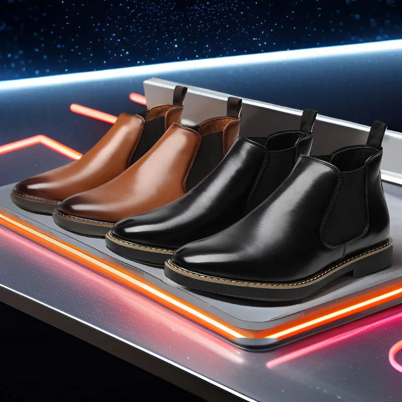 Men's black British-style chukka boot with a mid-calf height, flat square heel, and rubber sole.