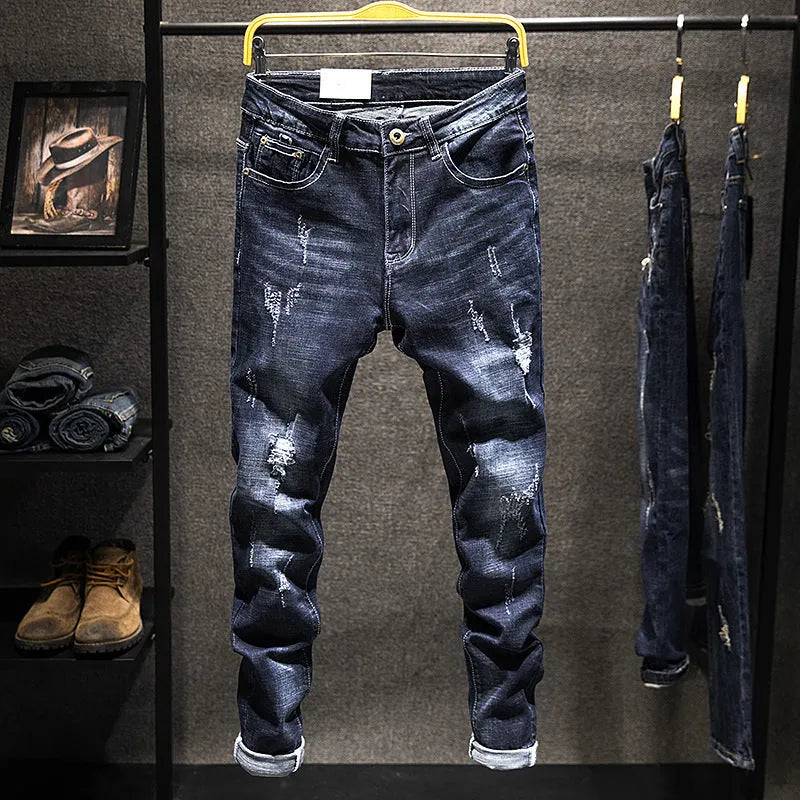 Men's slim-fit skinny jeans in dark blue cotton denim with mid waist design