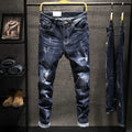 Men's slim-fit skinny jeans in dark blue cotton denim with mid waist design