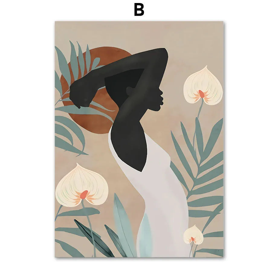 Abstract African women flower leaf mural art canvas painting, spray print, frameless rectangle, multiple sizes available
