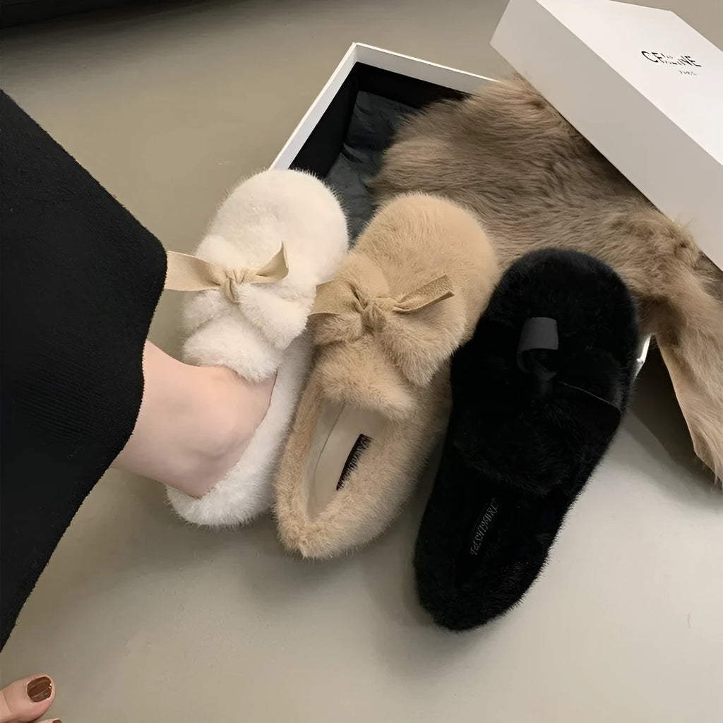 Ladies winter warm bow tie shoes with suede upper, plush lining, and rubber sole in black
