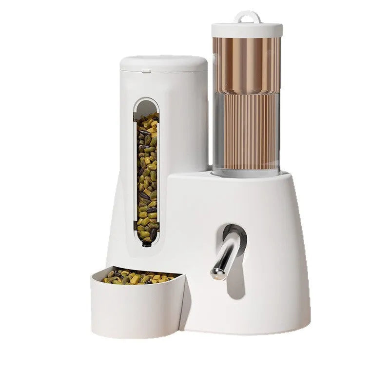 White, blue, and pink hamster automatic water feeder with attached food dish in large and small sizes.